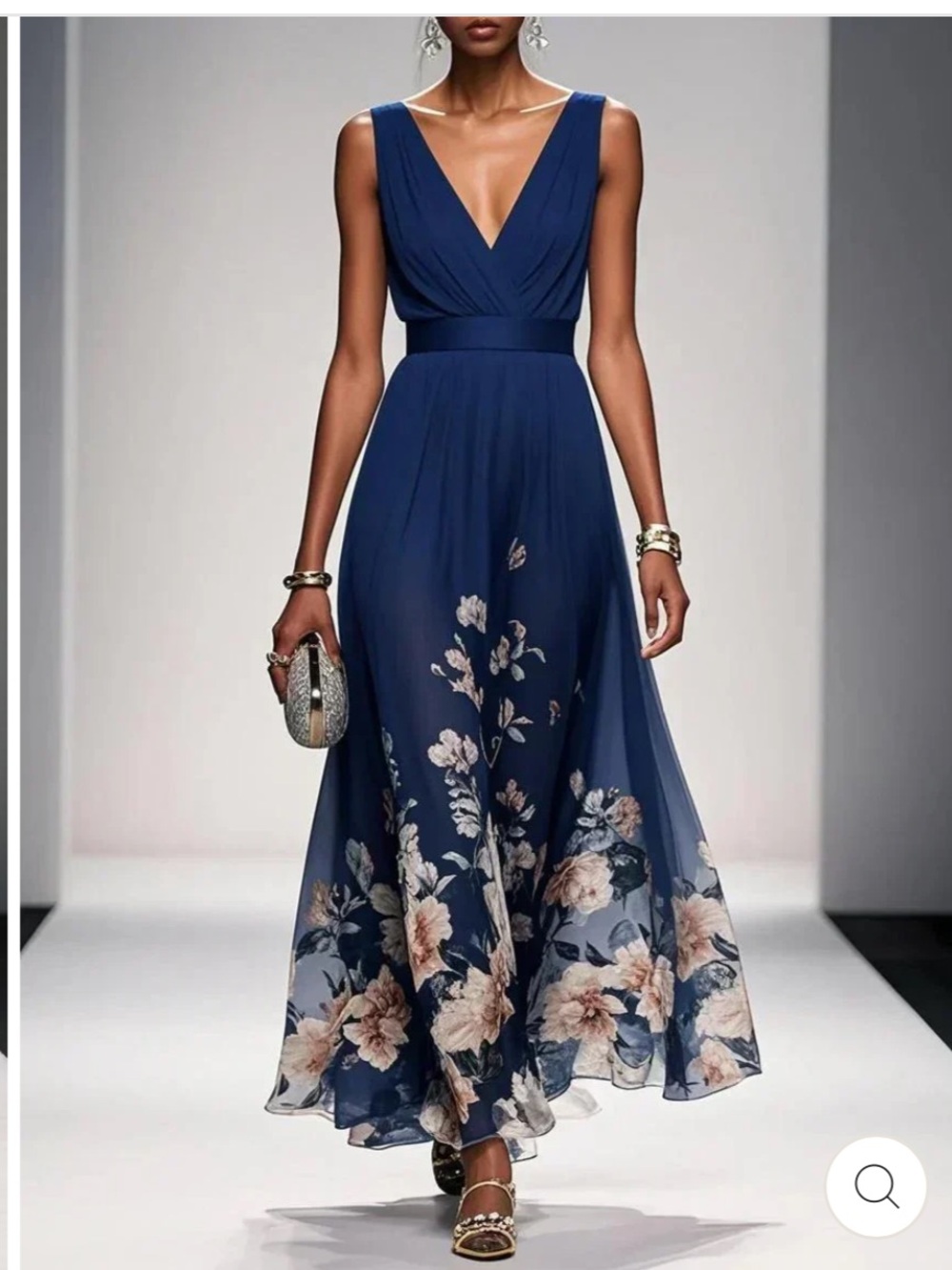 Sleeveless Deep V Navy Floral Maxi Dress